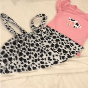 Cow overall skirt and ruffle shoulder top